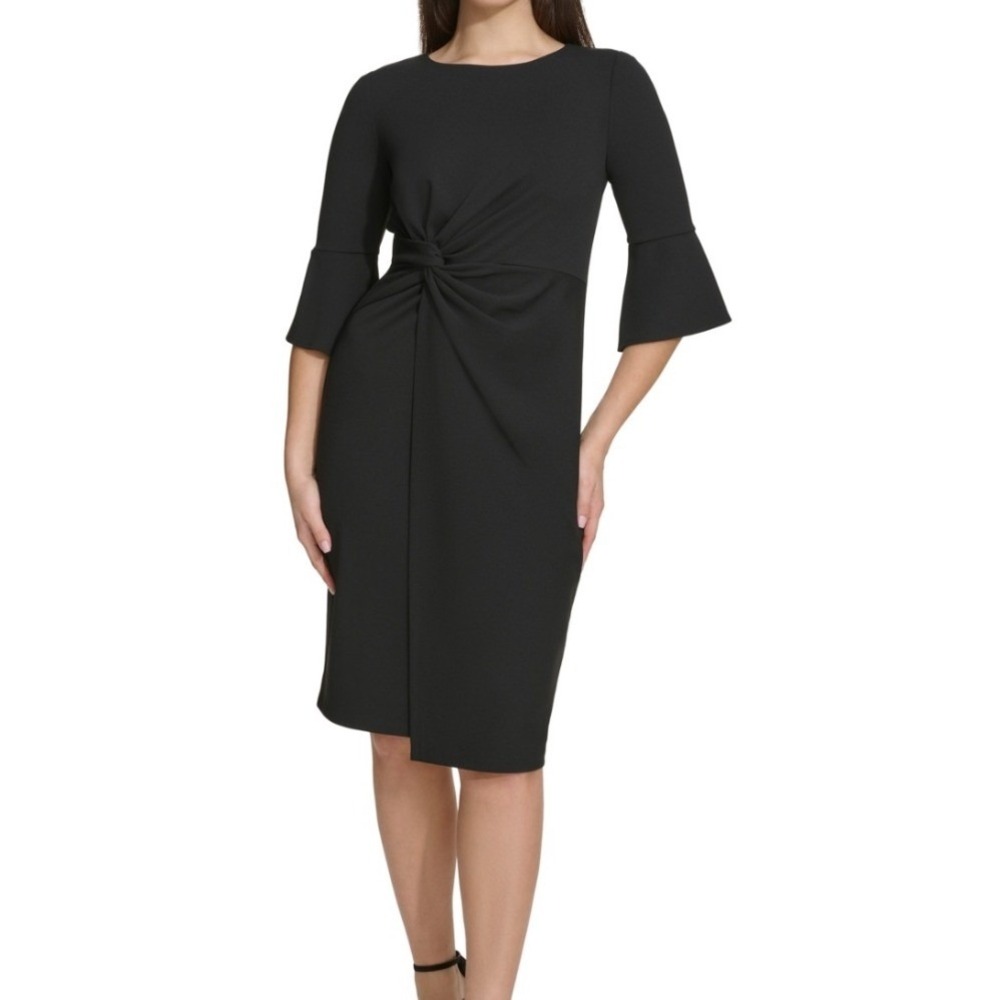 kensie Twist Front Bell Sleeve Dress Womens 16 NWT Black Sheath Knee Length
